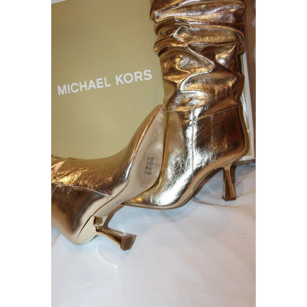 Michael Kors Women's Cracked Metallic Leather Tall Boots Gold NIB SZ 8